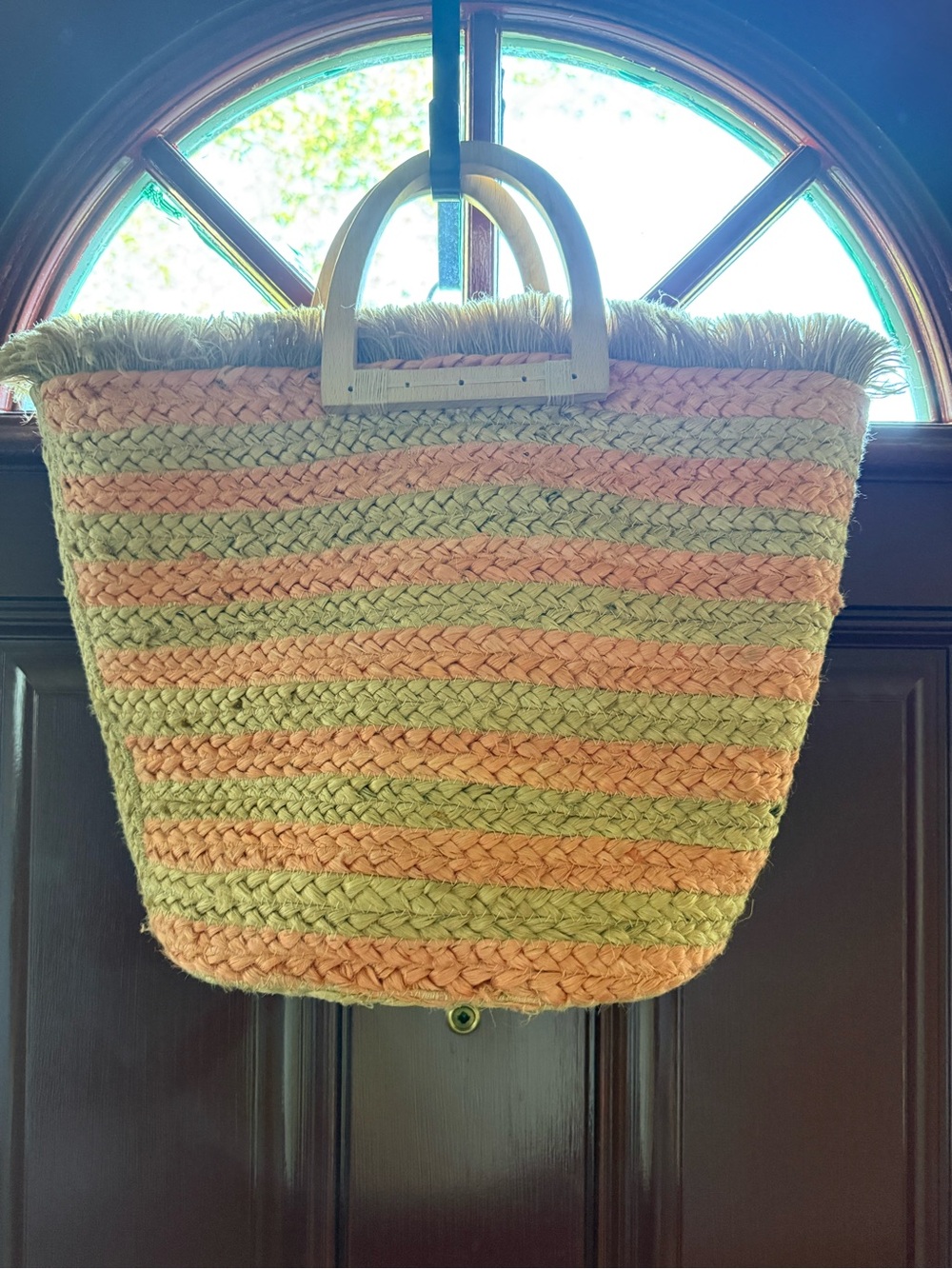 Antik Kraft Striped Jute Beach Tote – Boho Woven Straw Bag with Wood Handles